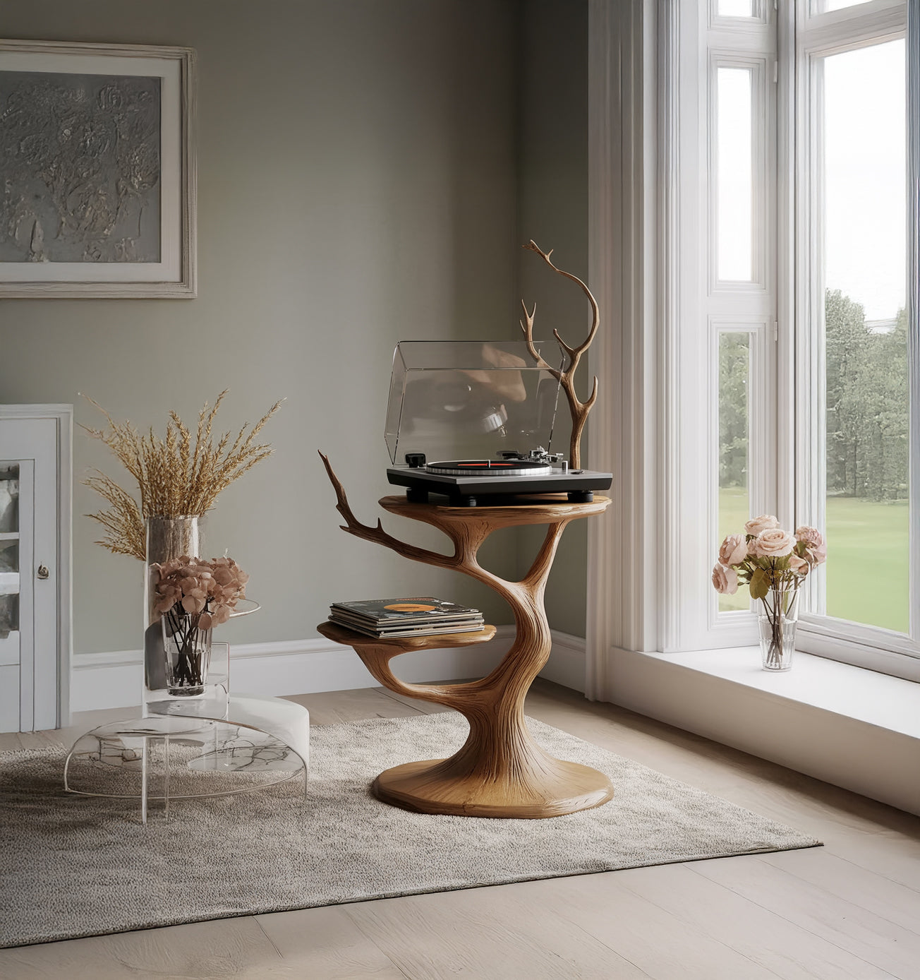 Handcrafted Solid Wood Record Player Stand – Sculptural Vinyl Turntable Table