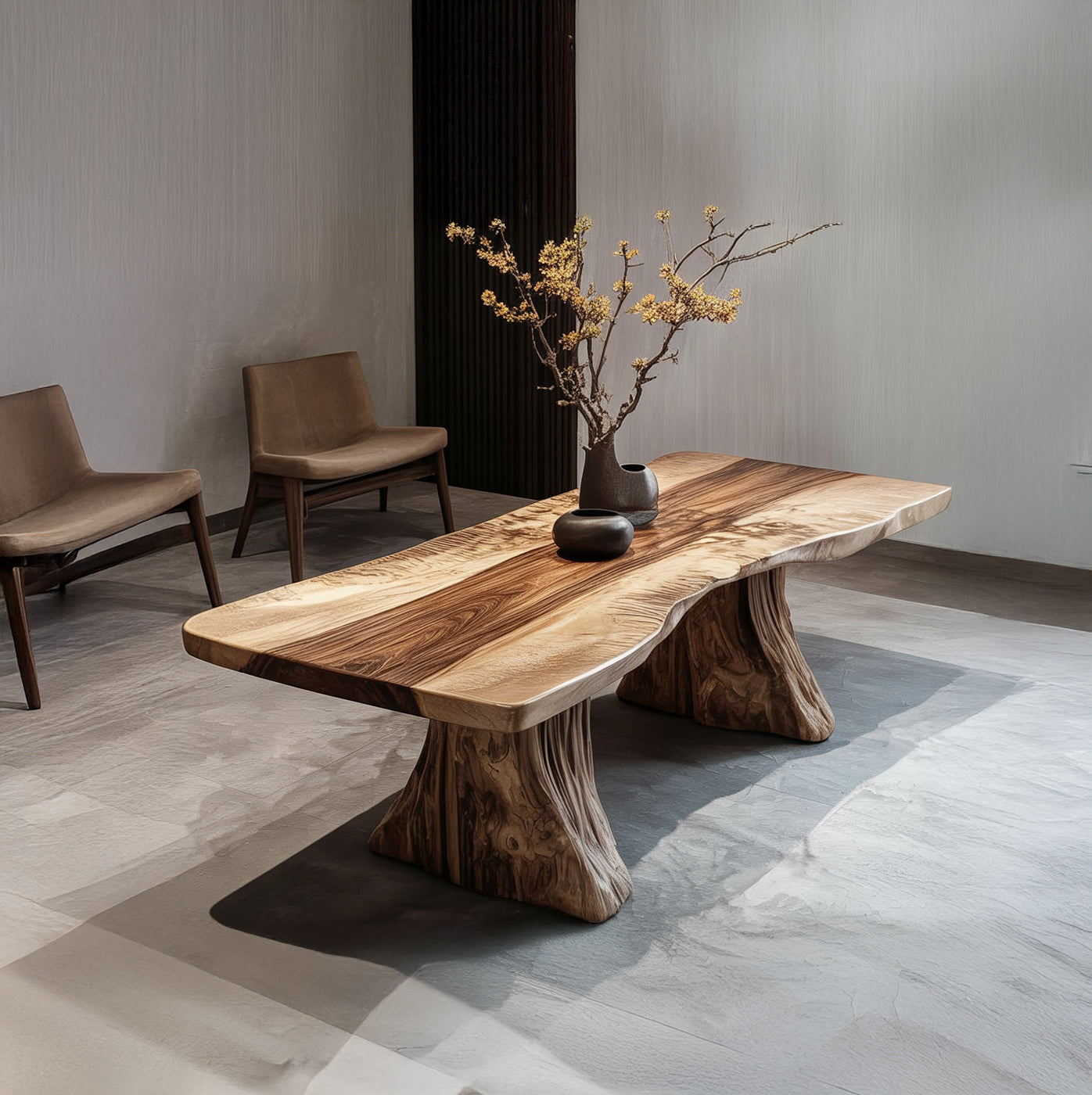 Live Edge Solid Wood Coffee Table with Natural Tree Trunk Base – Organic Modern Table