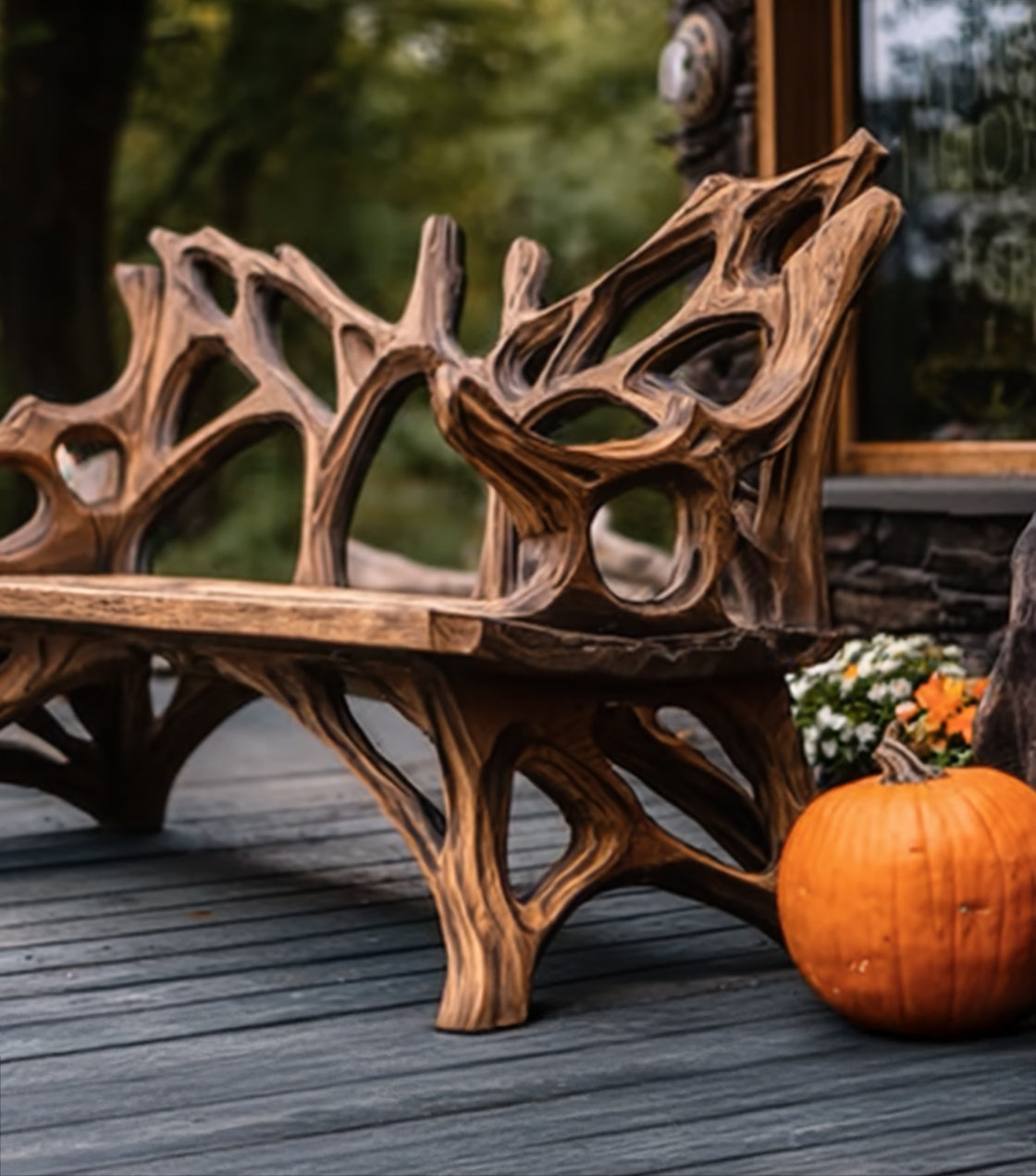Farmhouse Porch Bench Seat – Rustic Mid Century Solid Wood Outdoor Bench