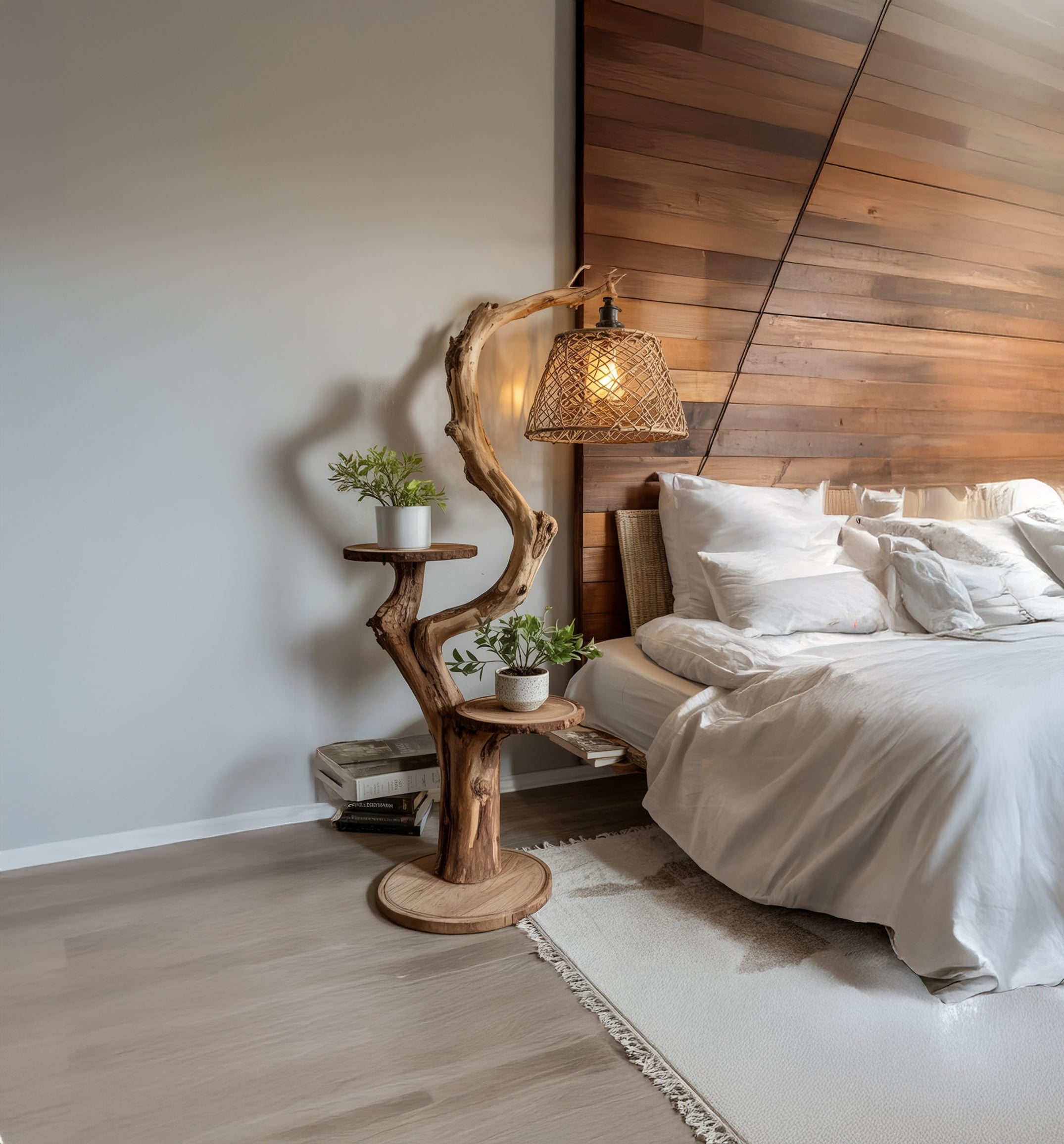 Lampadaire Rustique en Bois Flotté avec Étagères – Fait Main