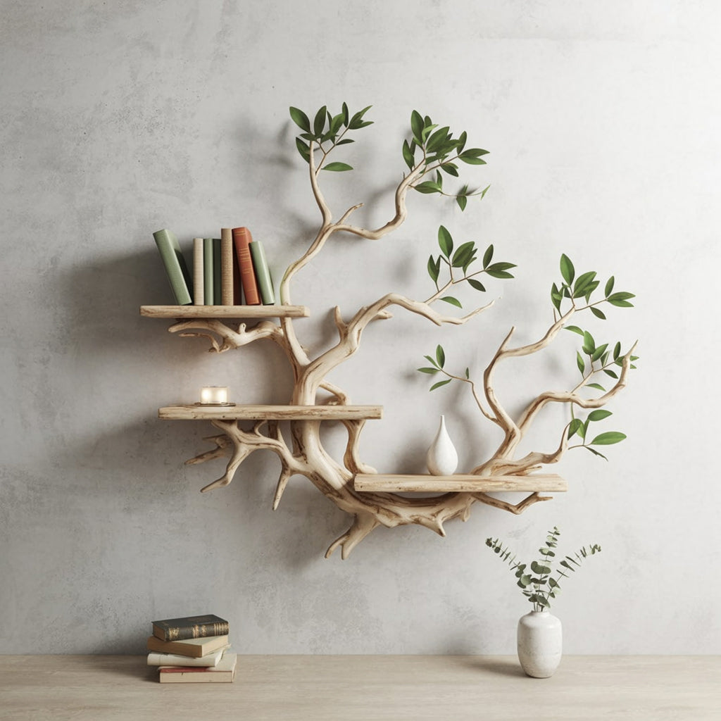 Tree Bookshelf Decor – Solid Wood Carved Floating Wall-Mounted Shelves