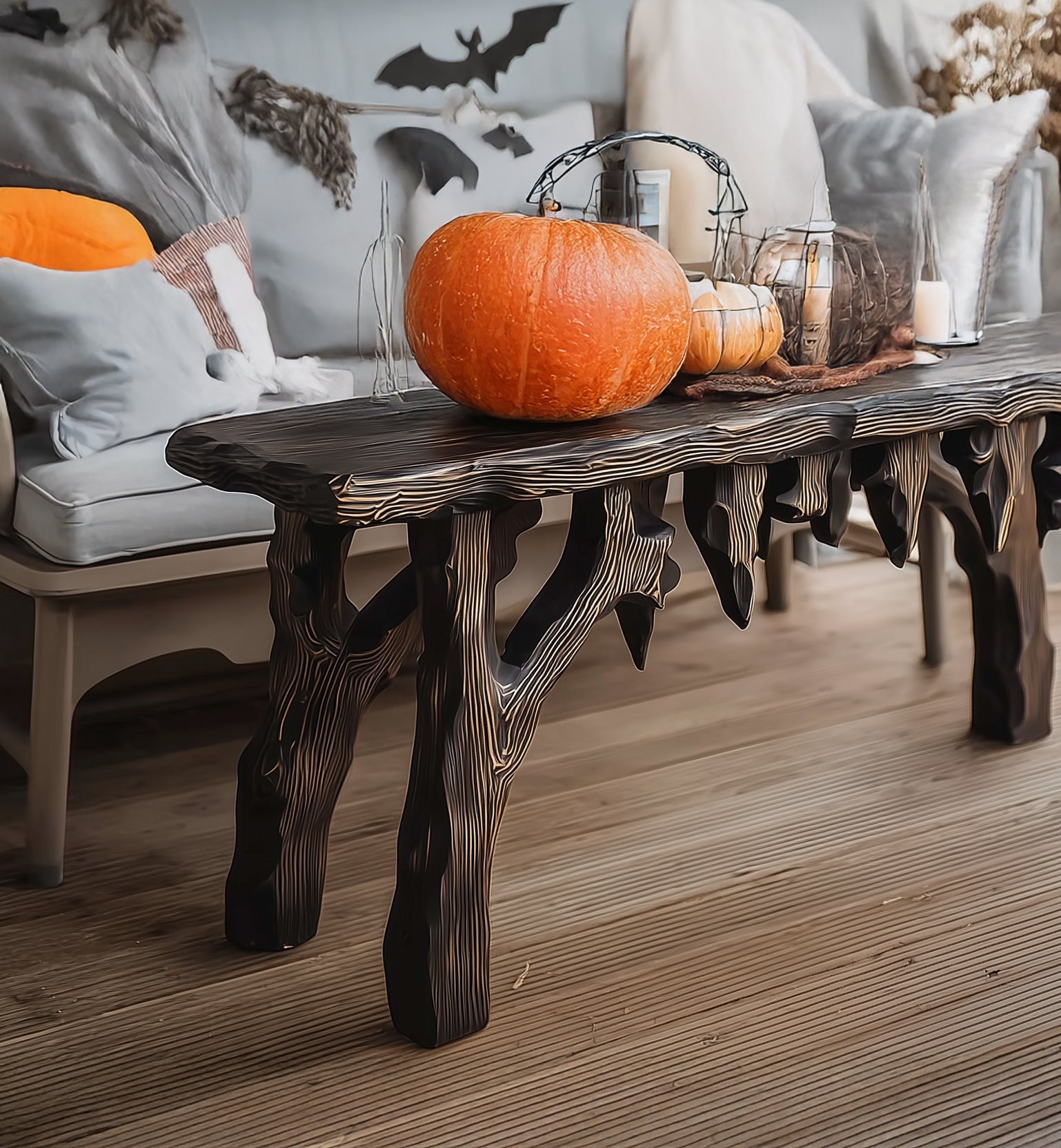 Rustic Black Wooden Halloween Console Table – Dripping Edge Gothic Entryway Decor