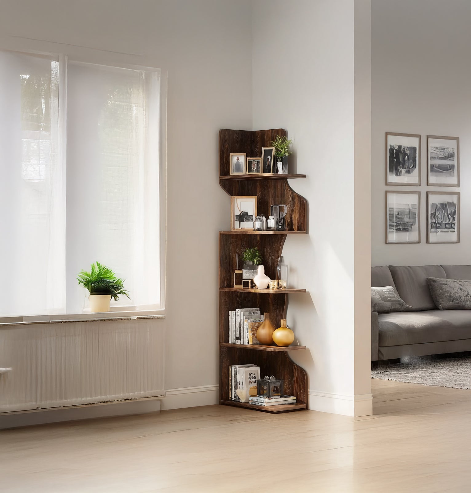 Bookshelf with Shelves, Tall Corner Bookcase Modern Wooden Bookshelf Small Space Book Case