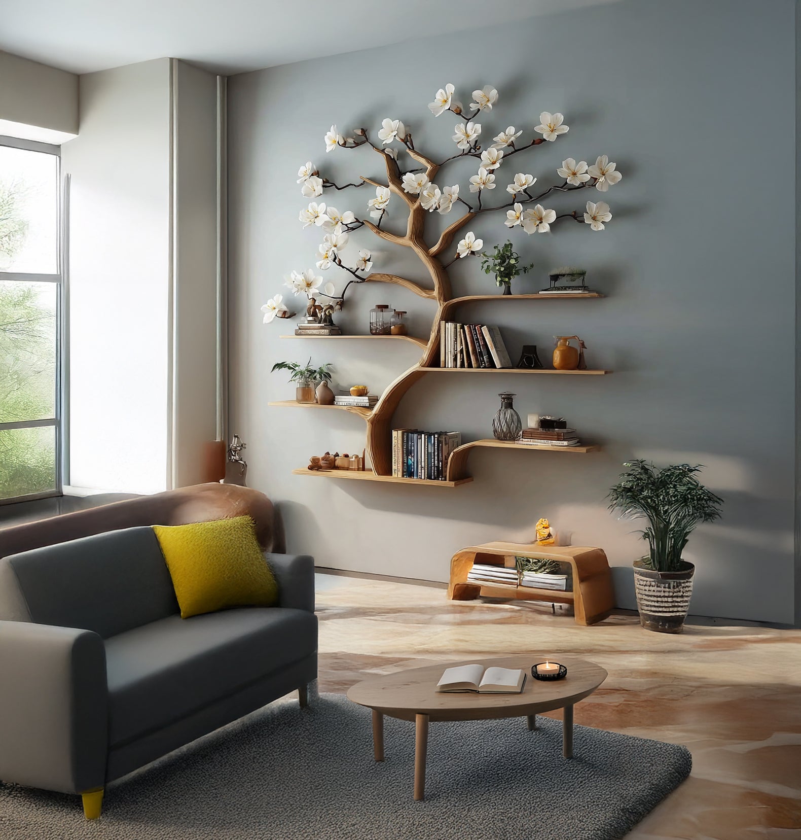 Rustic Tree Bookshelf – Wall-Mounted Wooden Bookcase & Custom Home Décor