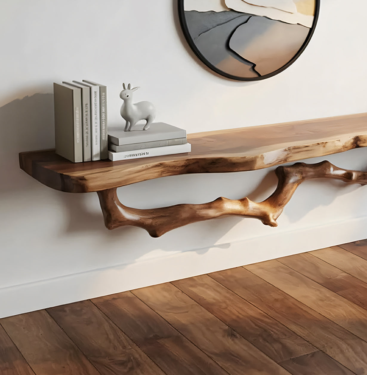 Organic Live Edge Floating Wood Shelf with Sculptural Branch Support