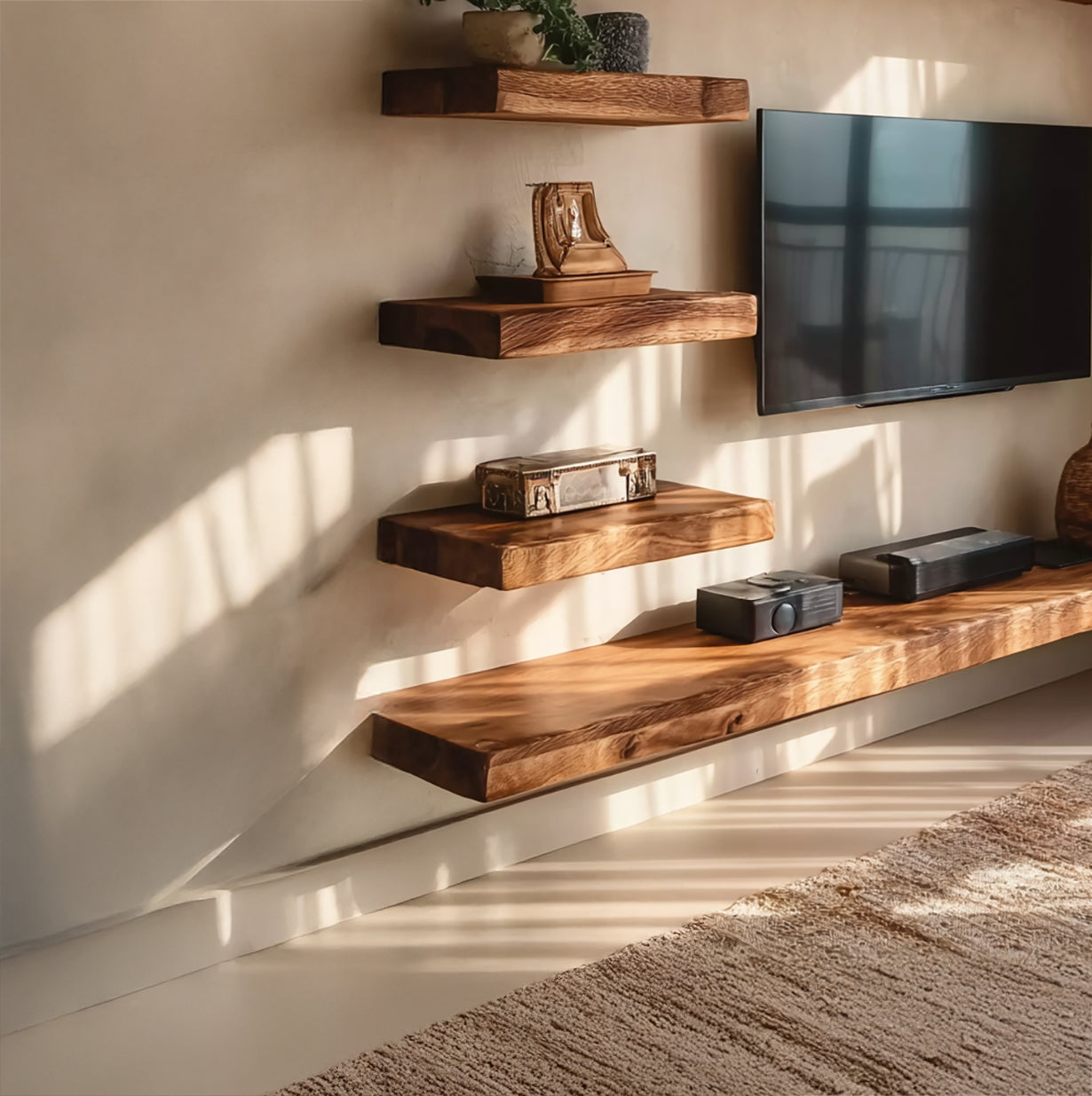 Meuble TV en Bois Massif 2 Pièces & Étagère Murale Rustique pour Salon