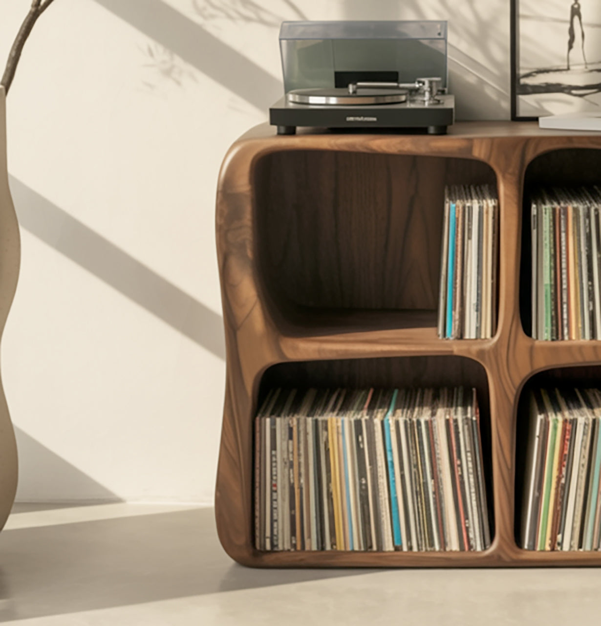 Solid Wood Vinyl Record Storage Cabinet – Modern Sculptural LP Shelf