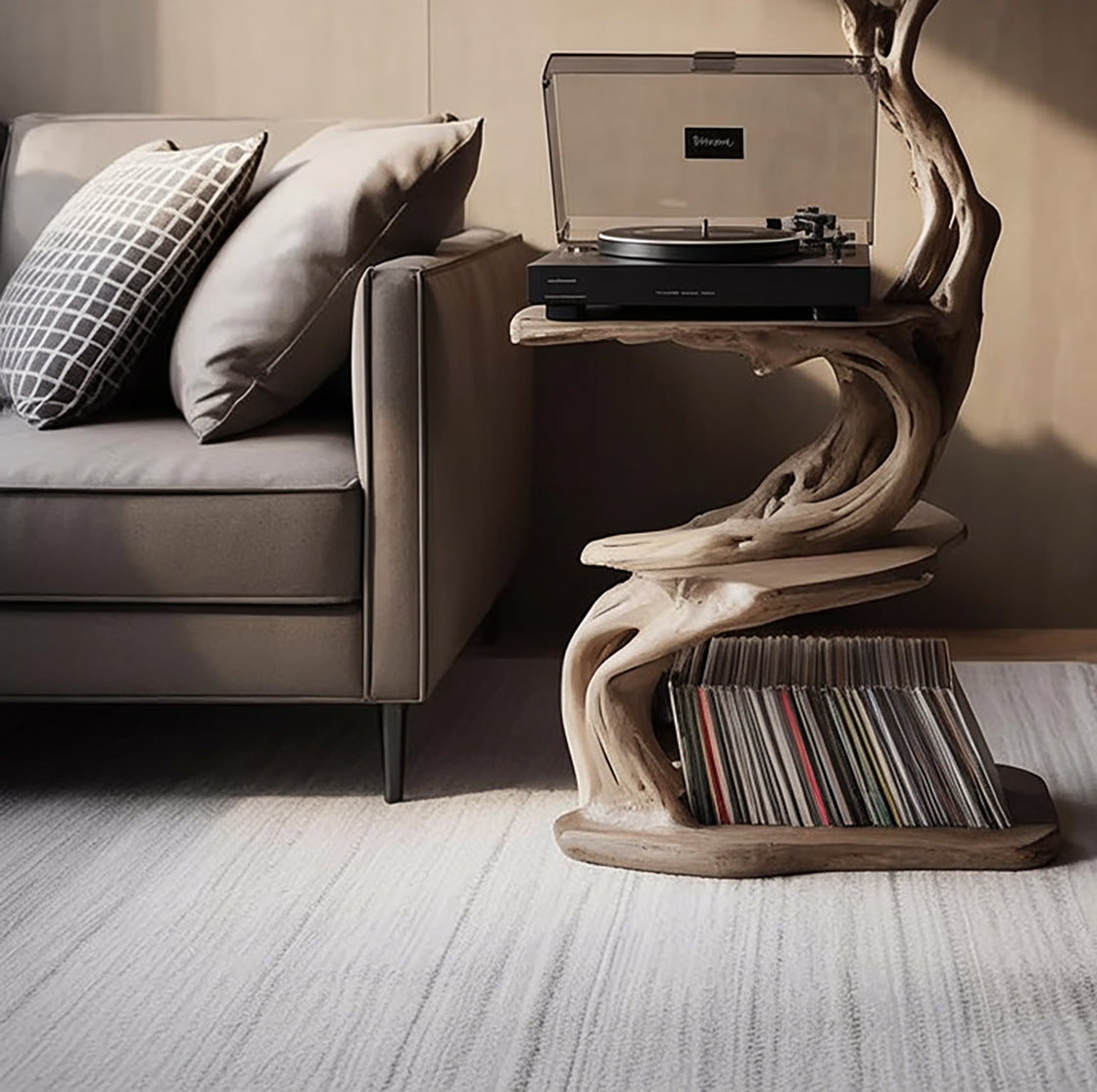 Sculptural Wood Record Player Stand – Organic Driftwood Turntable Table with Vinyl Shelf