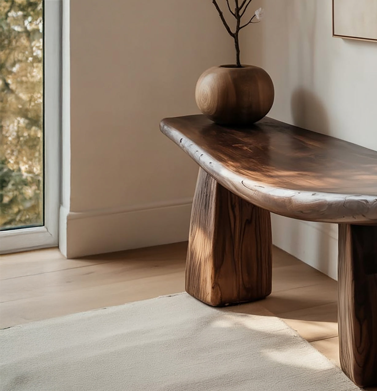 Handcrafted Solid Wood Sculptural Bench with Curved Top – Modern Rustic Accent