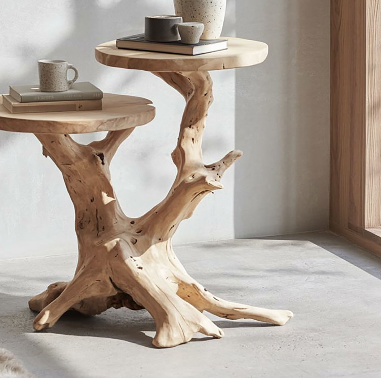 Handcrafted Tree Trunk End Table – Natural Wood Two-Tier Side Table, Live Edge Accent Table