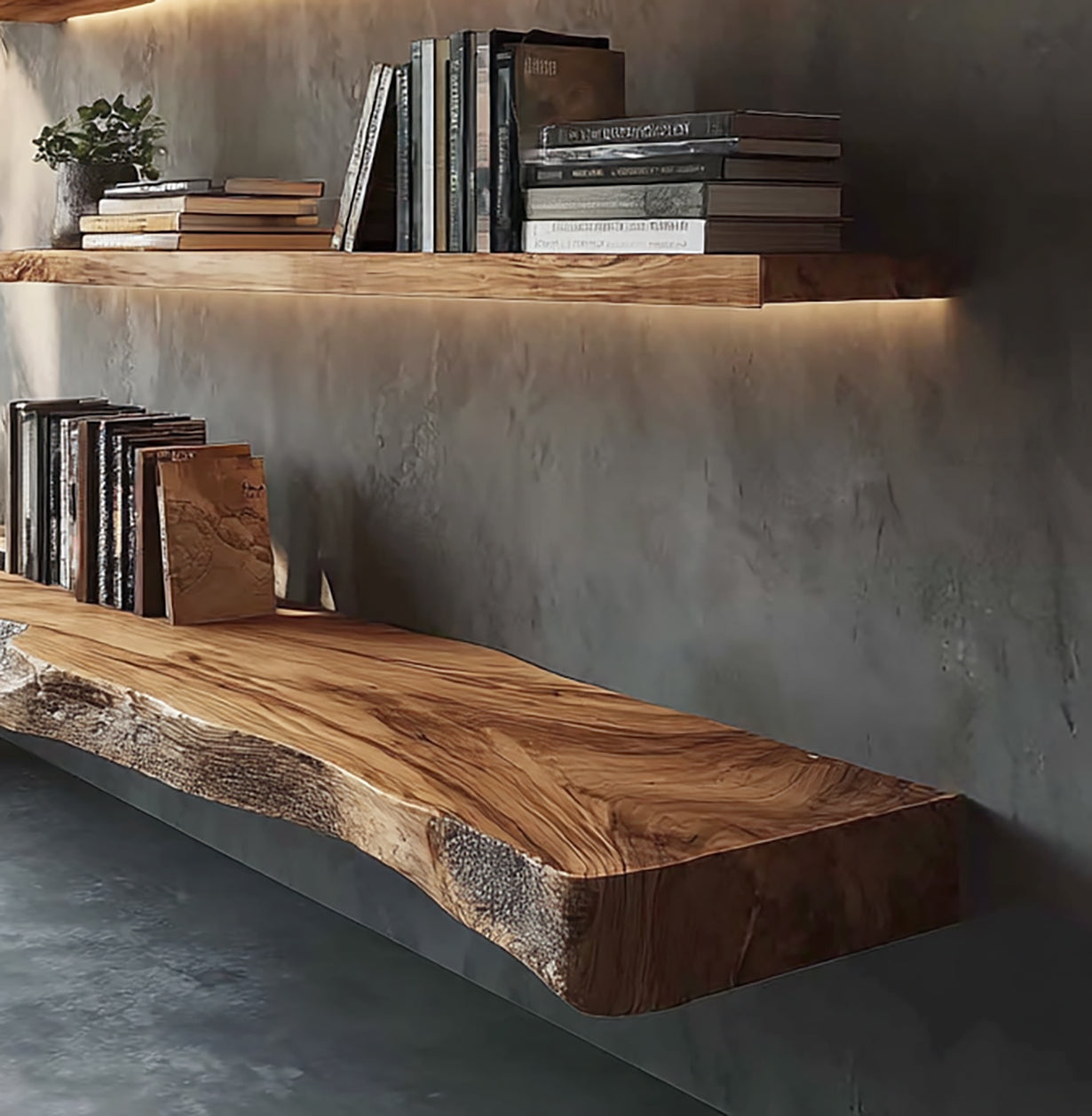Live Edge Solid Wood Floating Shelves with Warm LED Lighting