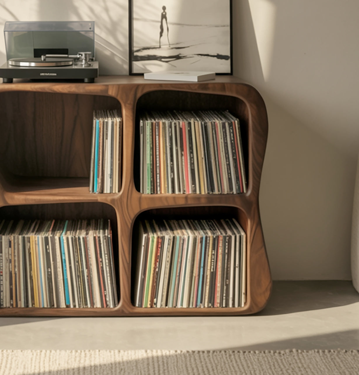 Solid Wood Vinyl Record Storage Cabinet – Modern Sculptural LP Shelf