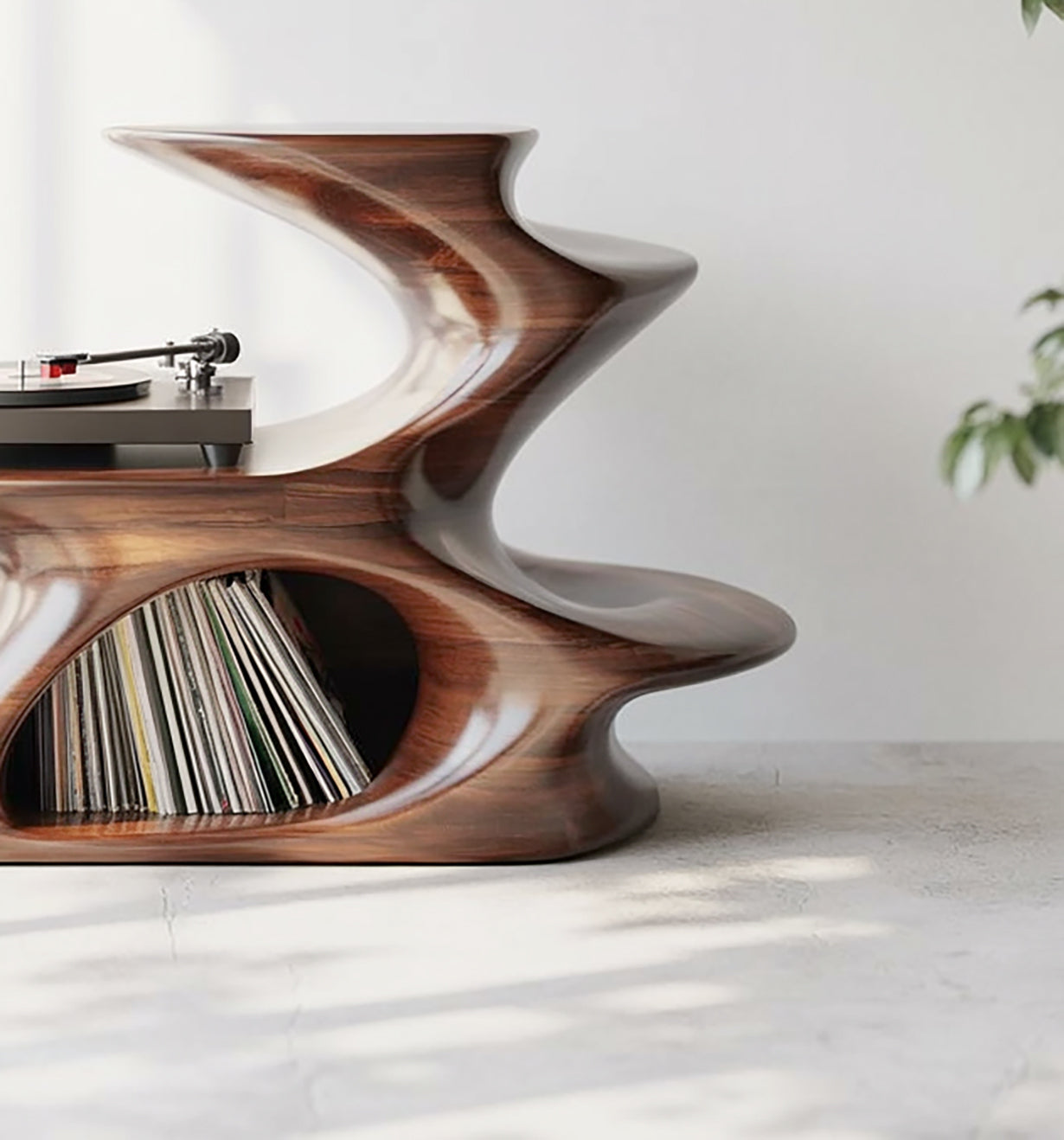 Sculptural Wood Record Player Stand – Organic Modern Vinyl Storage Table