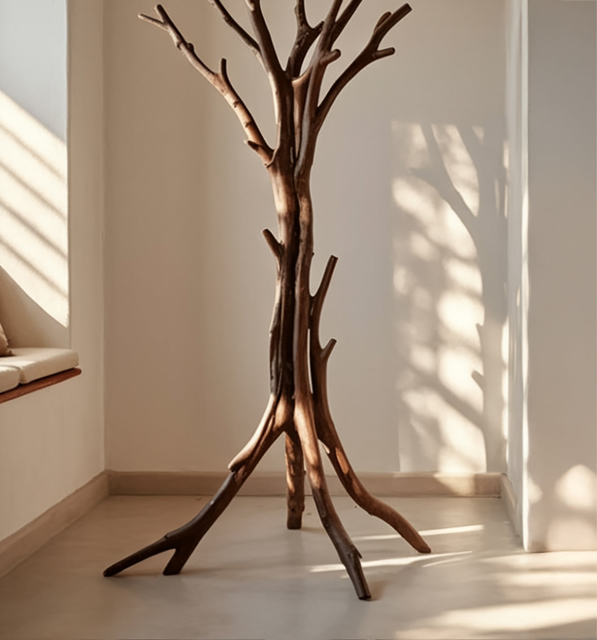 Rustic Tree Branch Coat Rack – Solid Wood Standing Hanger for Home Decor