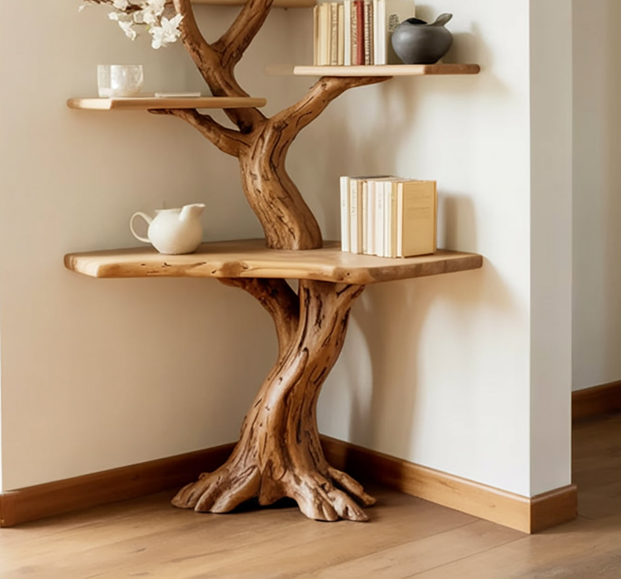 Bibliothèque Arbre d’Angle Rustique avec Bureau Intégré en Bois