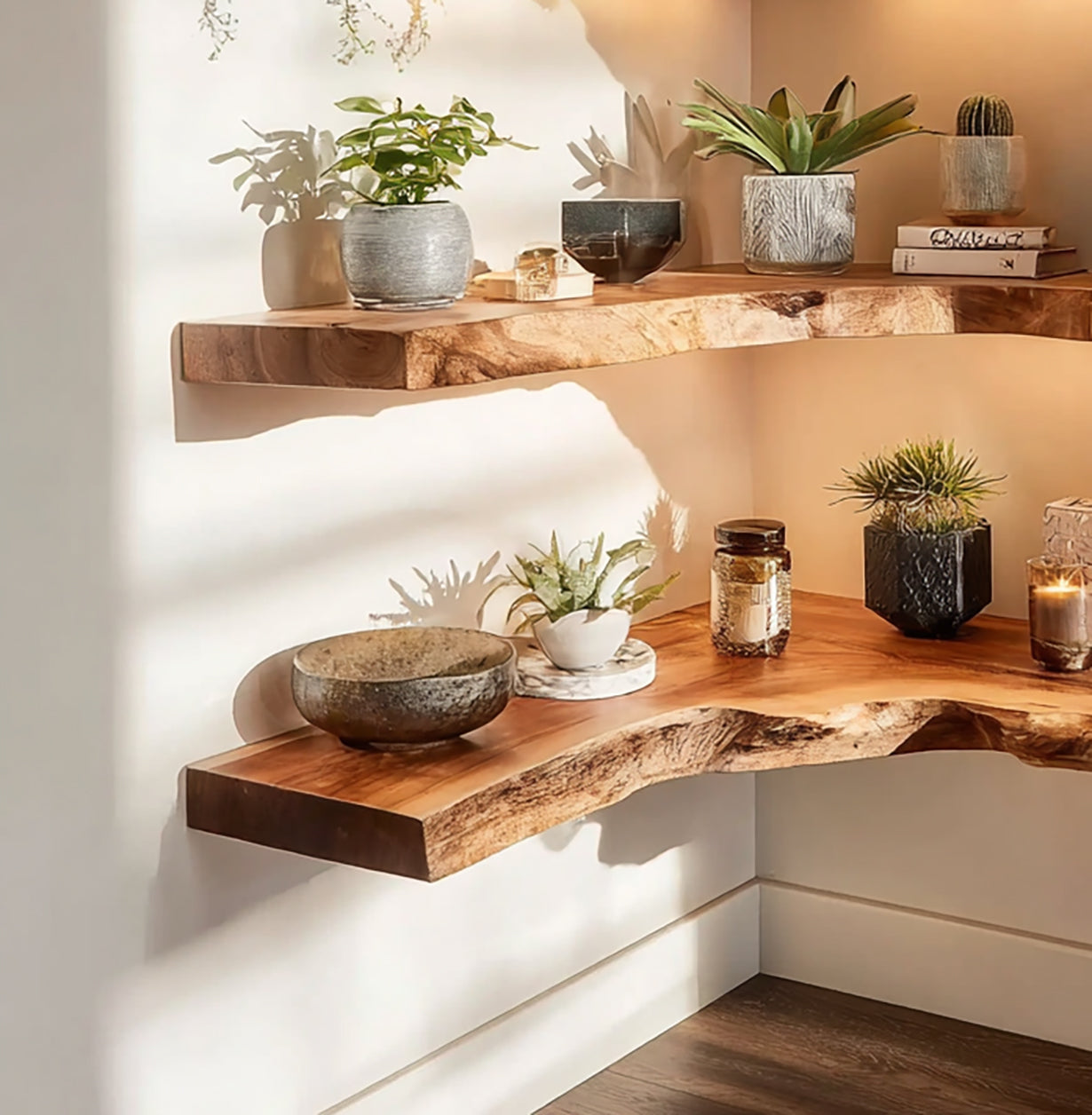 Live Edge Corner Floating Shelves – Handcrafted Solid Wood Wall Shelf