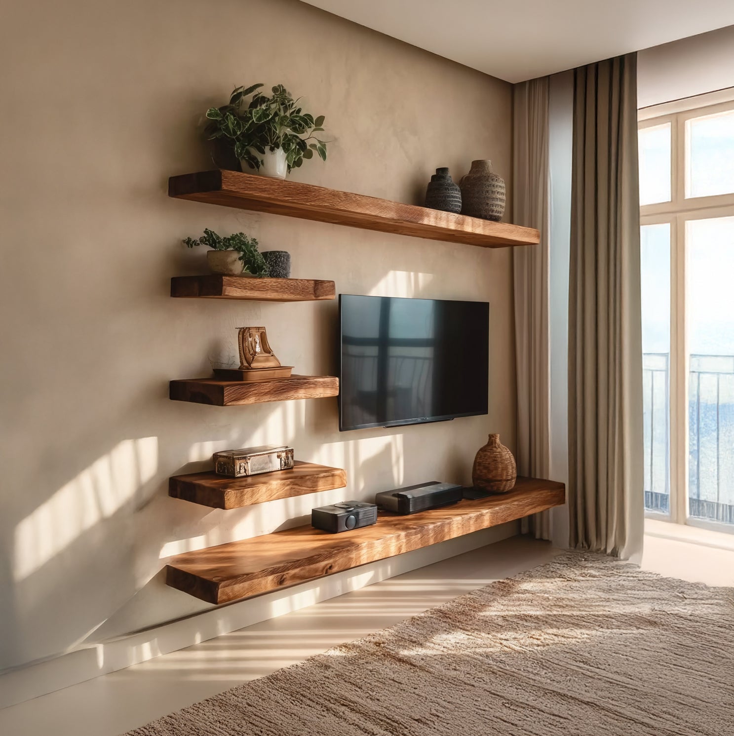 Meuble TV en Bois Massif 2 Pièces & Étagère Murale Rustique pour Salon