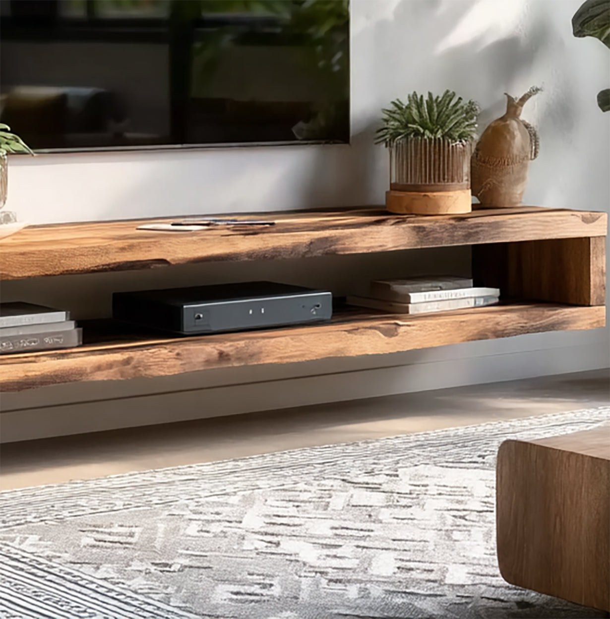 Modern Live Edge Floating TV Console – Handmade Solid Wood Wall Mounted Media Stand