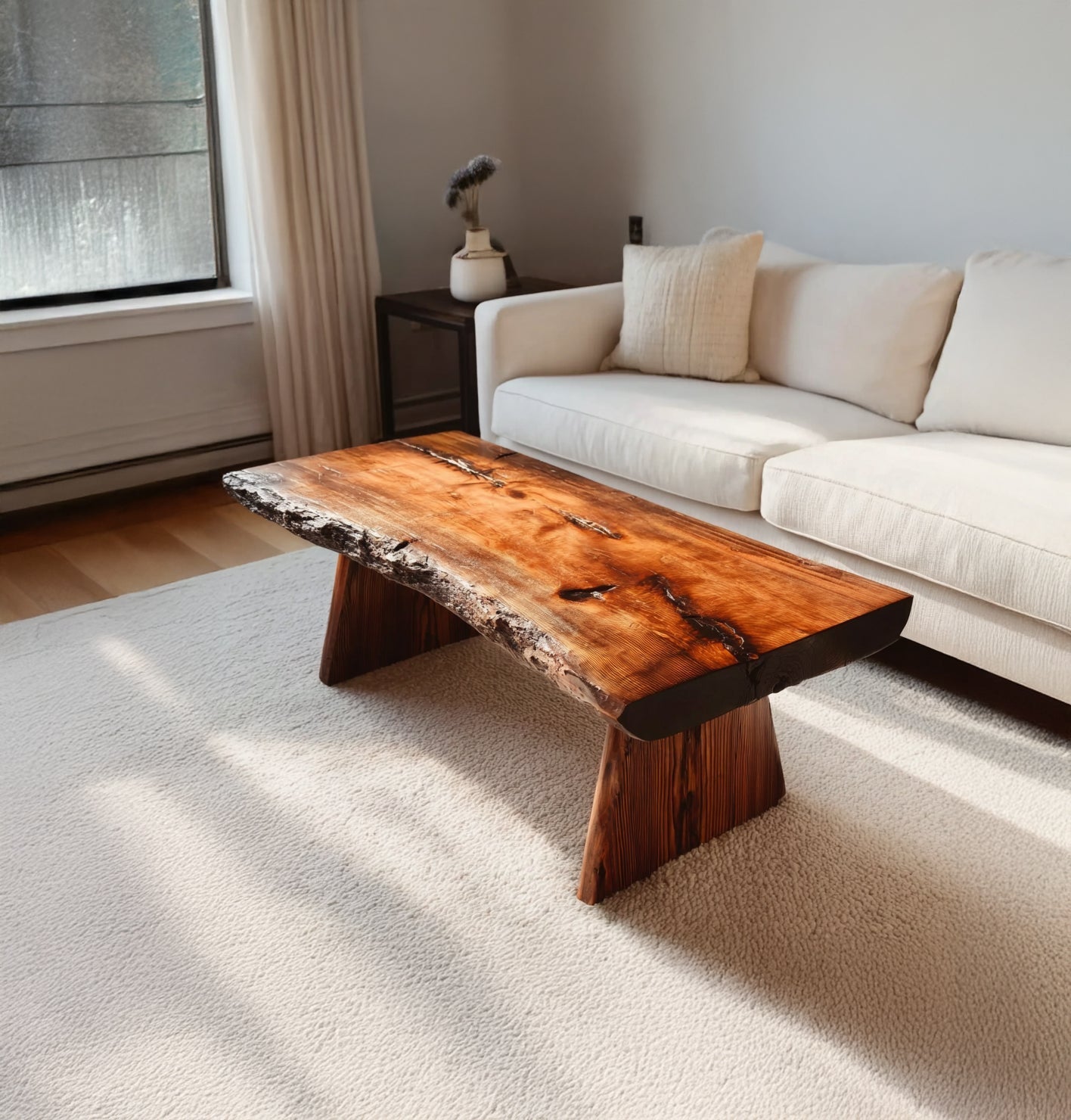 Rustic Handmade Wooden Coffee Table – Live Edge Solid Wood Farmhouse Trestle Table