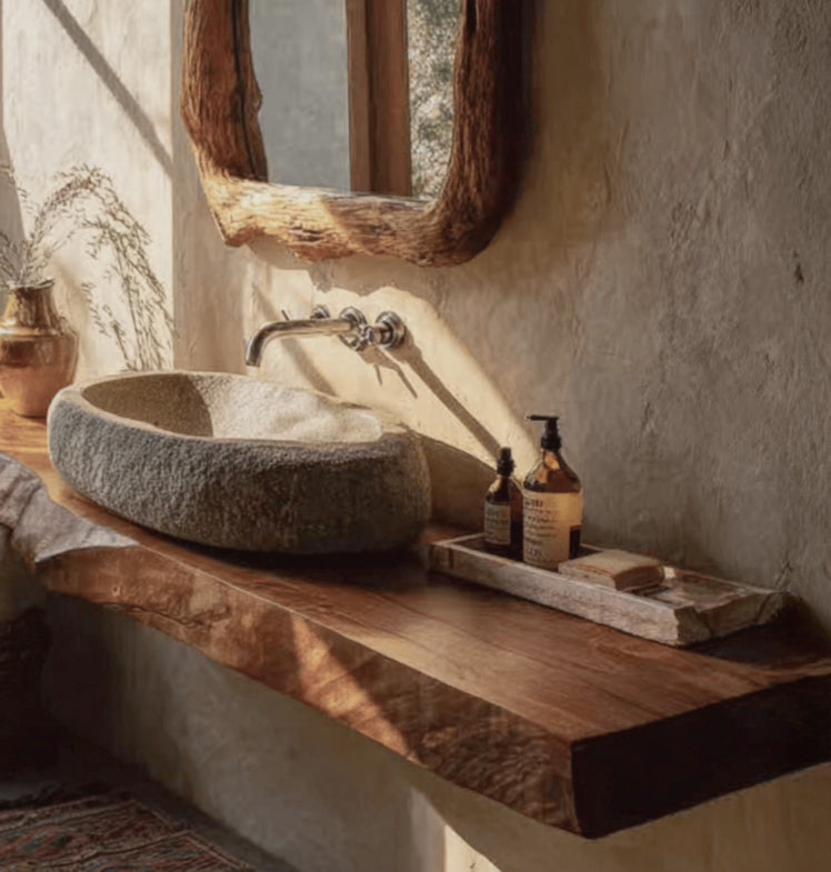 Rustic Solid Wood Live Edge Bathroom Vanity Countertop – Floating Washstand Shelf