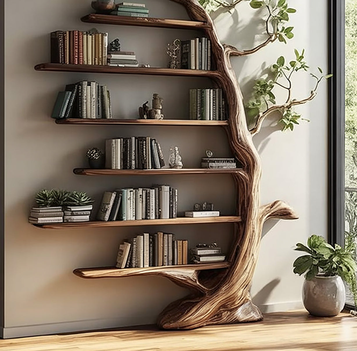 Handcrafted Tree-Inspired Wooden Bookshelf – Artistic Wall Shelf