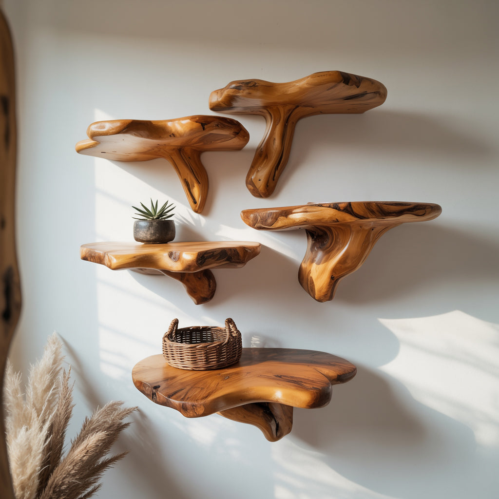 Handcrafted Rustic Mushroom Floating Shelf – Live Edge Wooden Wall Decor