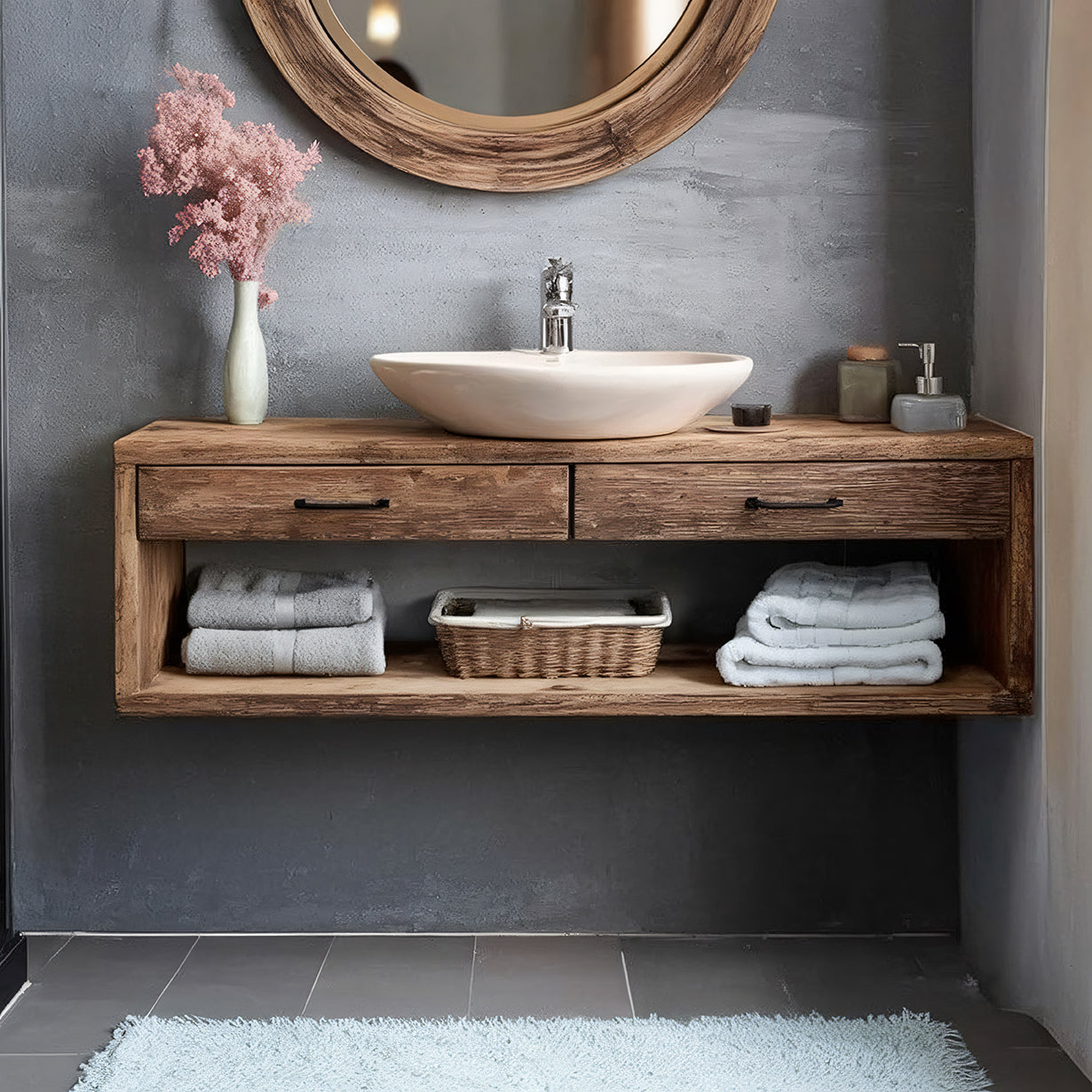 Rustic Floating Wooden Bathroom Vanity with Open Storage – Handmade Solid Wood Design