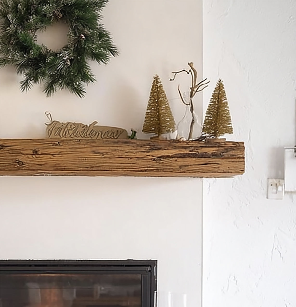 Rustic Wooden Fireplace Mantel – Handcrafted Floating Solid Wood Beam with Live Edge Shelf