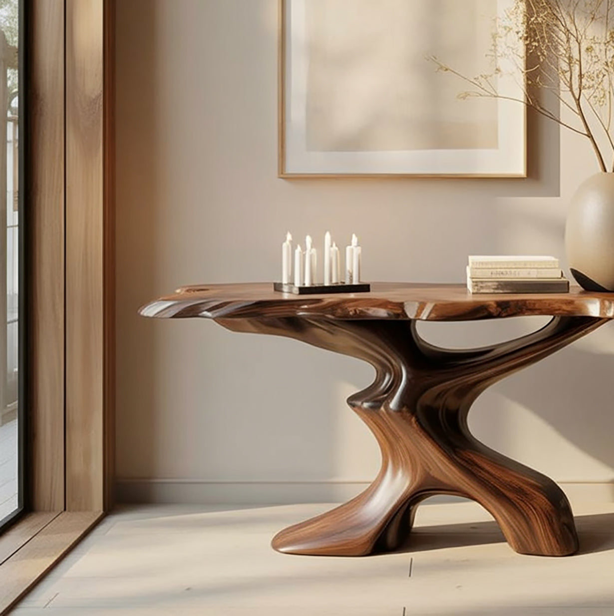 Organic Modern Console Table – Live Edge Style Wood Table with Tree Branch Base