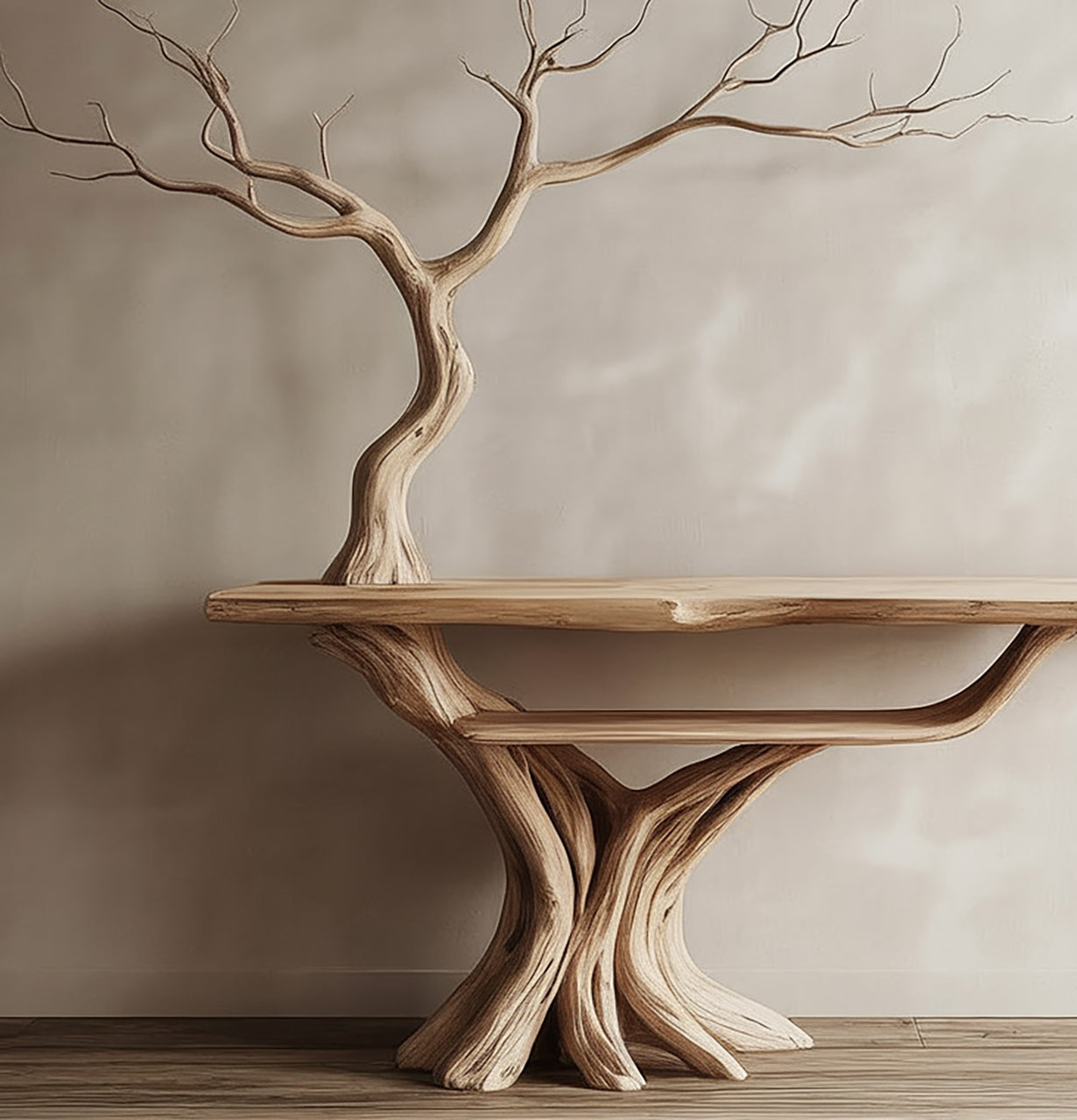 Handcrafted Tree-Inspired Wooden Console Table – Sculptural Solid Wood Entryway Table