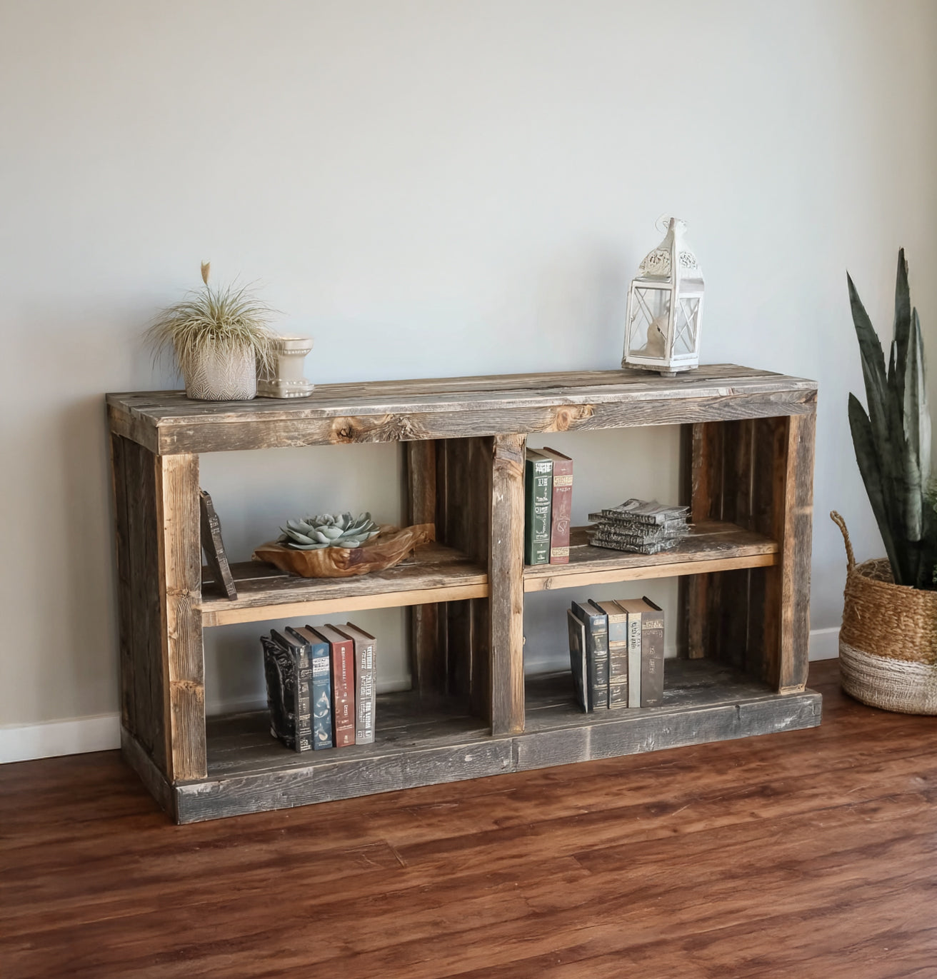 Rustic Solid Wood Bookshelf | Handmade Farmhouse Console Table & Storage Display