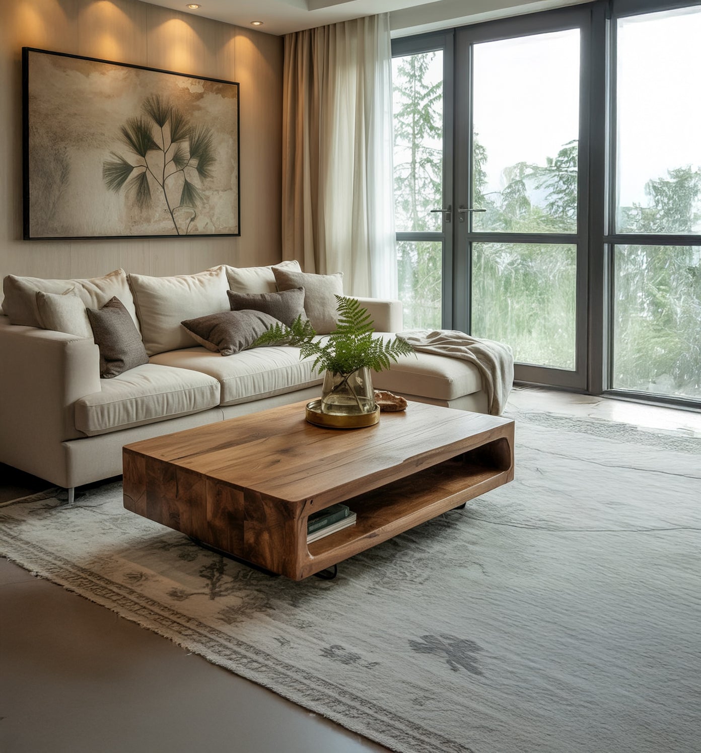 Solid Wood Coffee Table with Open Shelf – Handmade Acacia, Modern Rustic Design