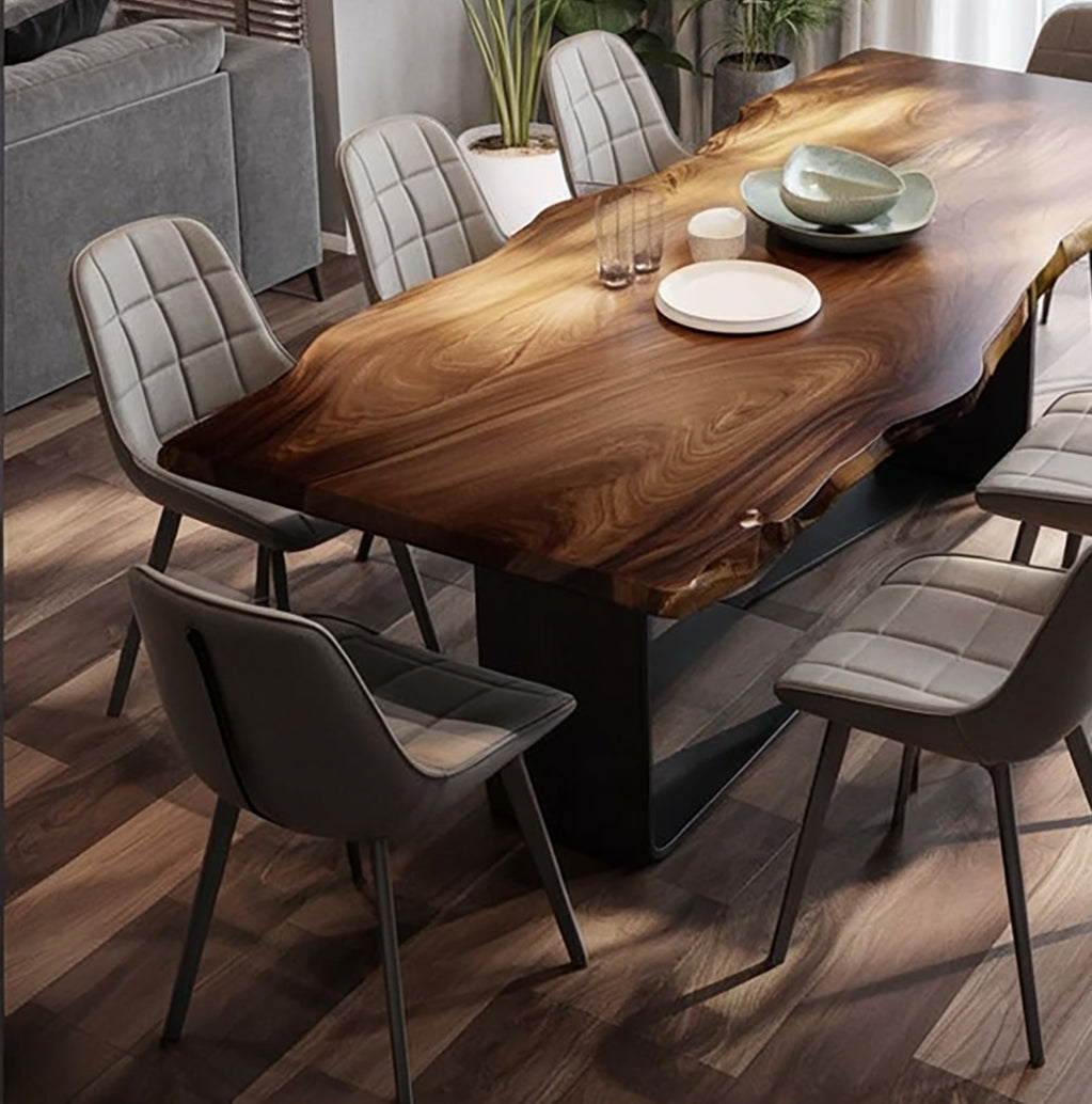 Live Edge Solid Wood Dining Table – Natural Slab Handmade Table with Modern Metal Base