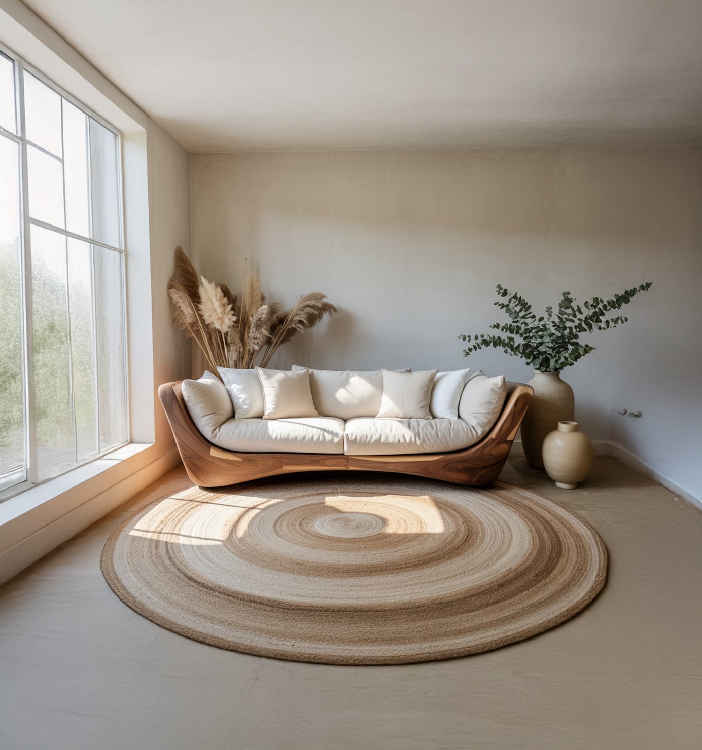 Modern Curved Wood Sofa – Handcrafted Solid Wood Frame with Cushions for Living Room