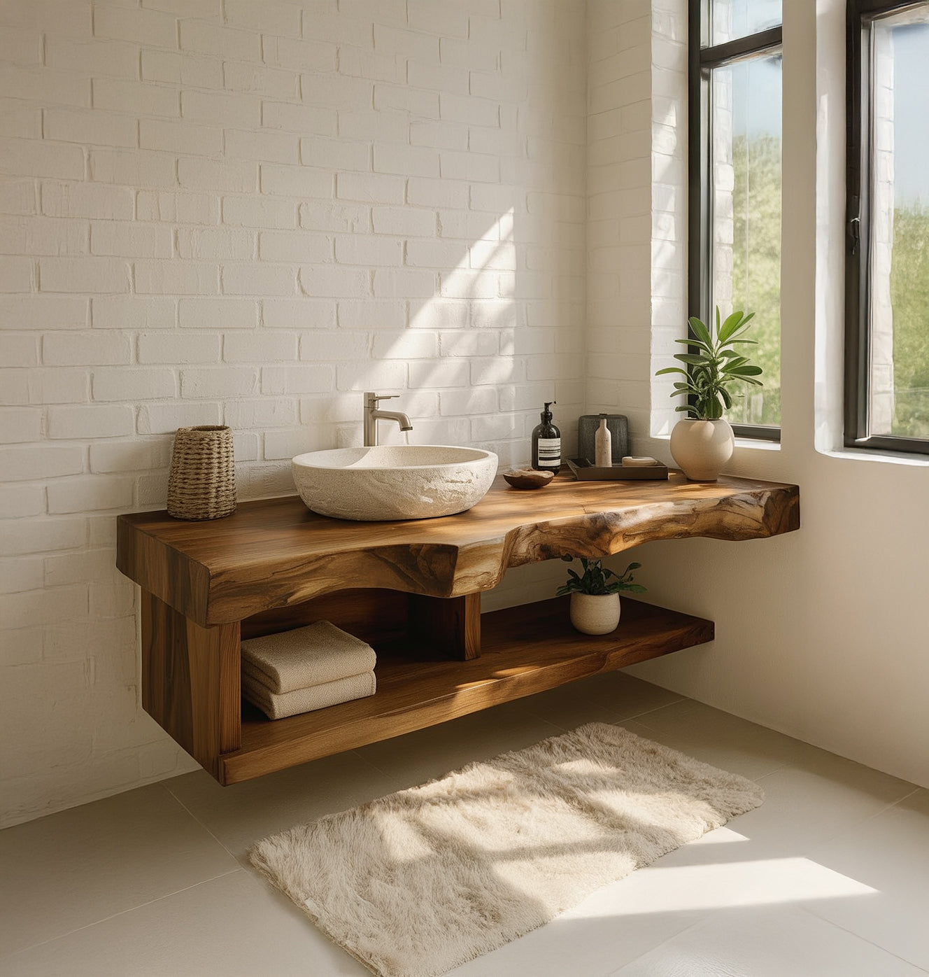 Natural Live Edge Wooden Vanity – Floating Bathroom Sink Shelf