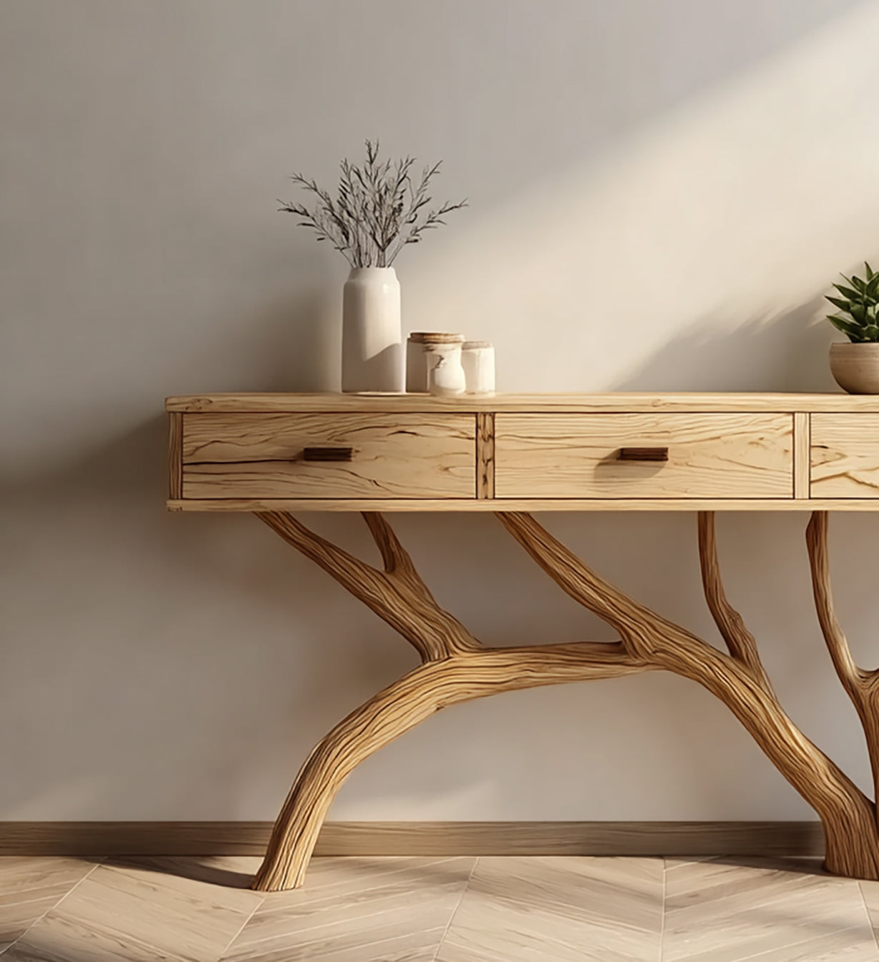 Organic Modern Console Table – Live Edge Style Wood Table with Tree Branch Base