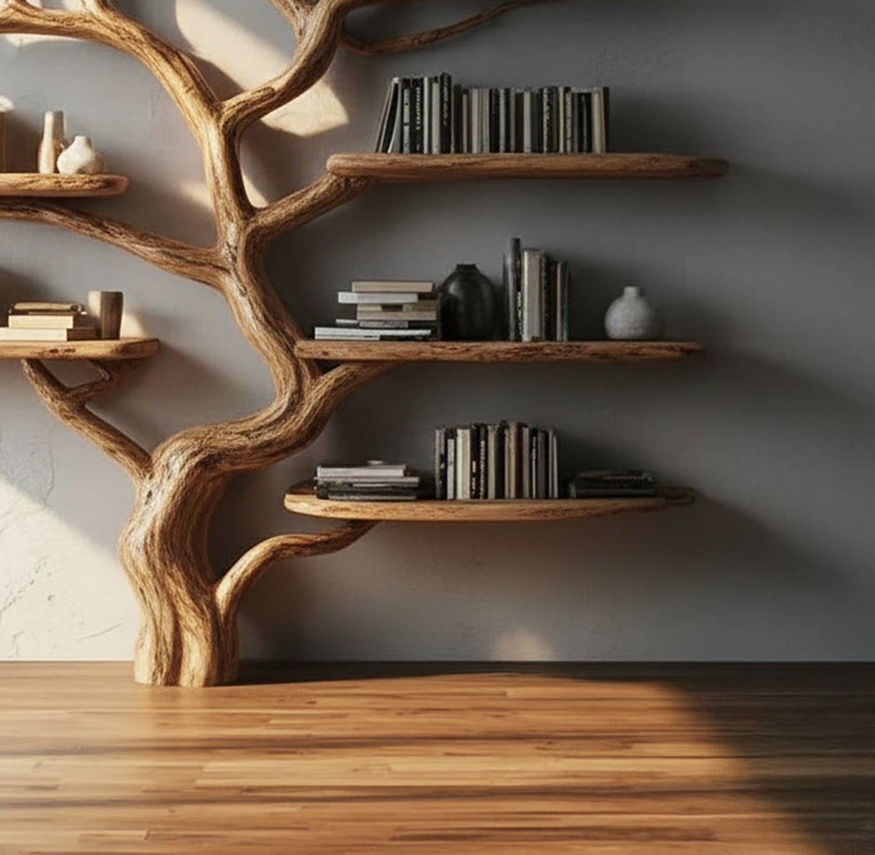 Rustic Tree Bookshelf – Handmade Wooden Branch Wall Shelf