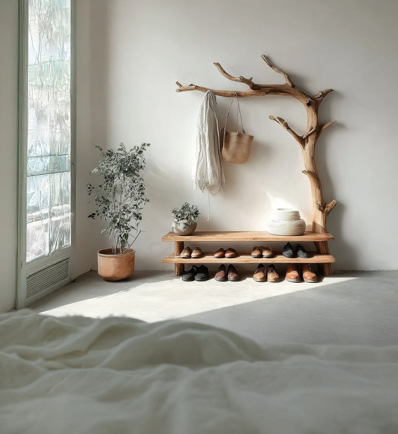 Driftwood Tree Branch Coat Rack – Standing Solid Wood Clothes Rack with Shelves