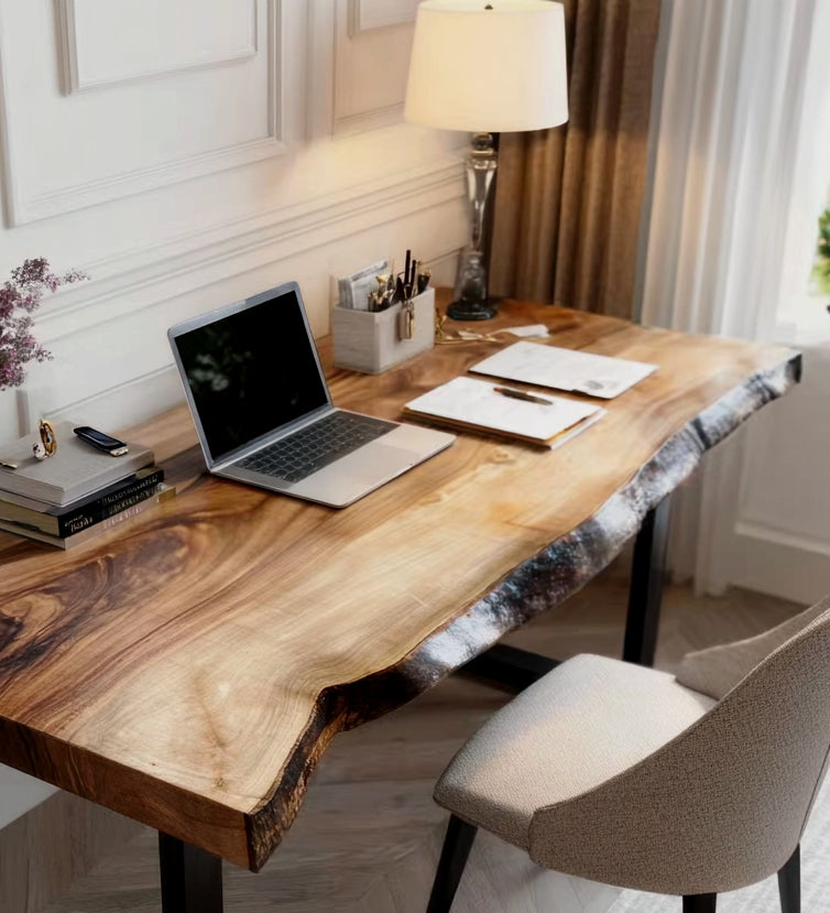 Live Edge Desk – Solid Walnut Wood Office Desk with Storage, Modern Computer Desk