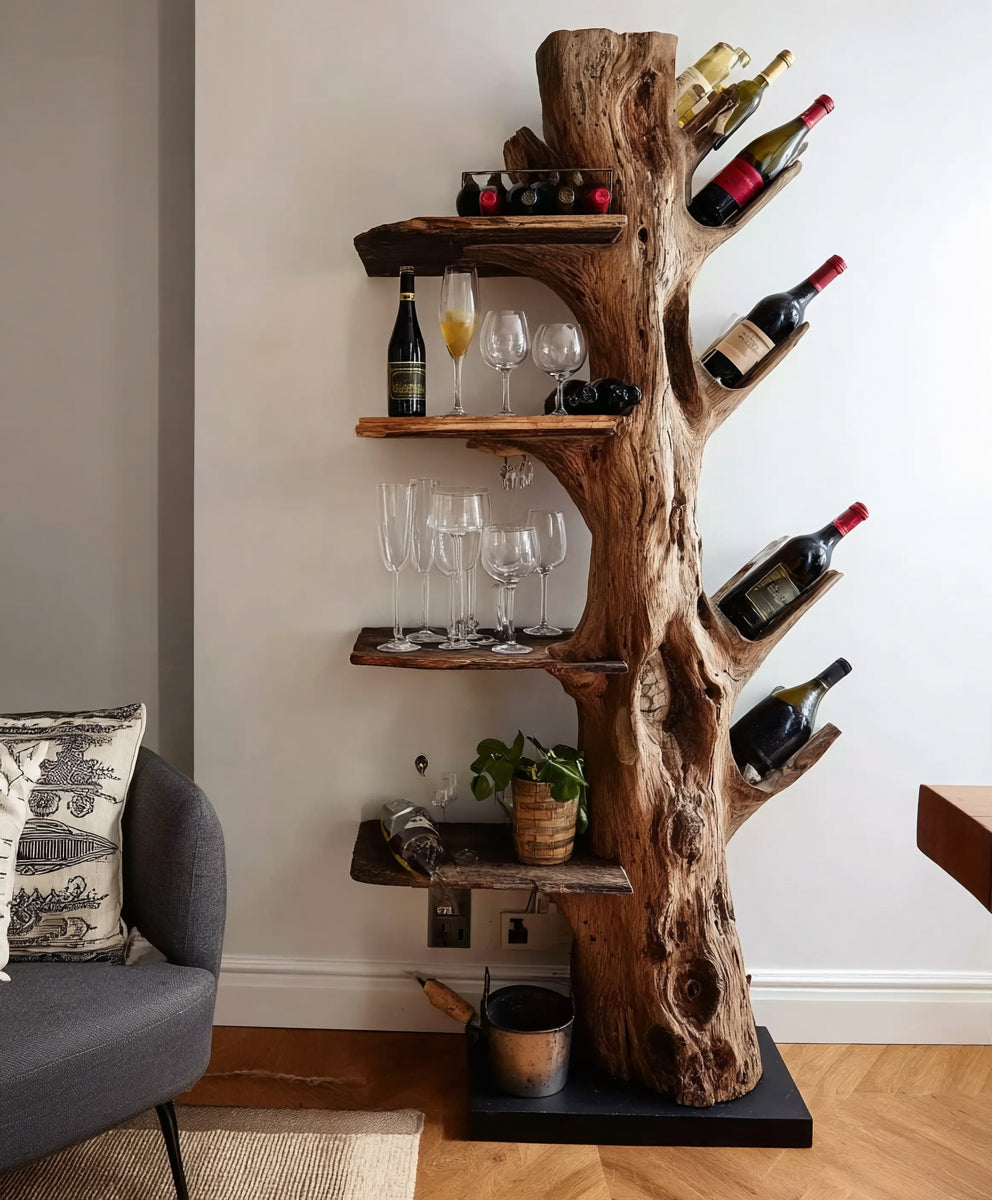 Tree Trunk Wine Rack – Handmade Solid Wood Wine Shelf with Glass Holder for Rustic Home Decor