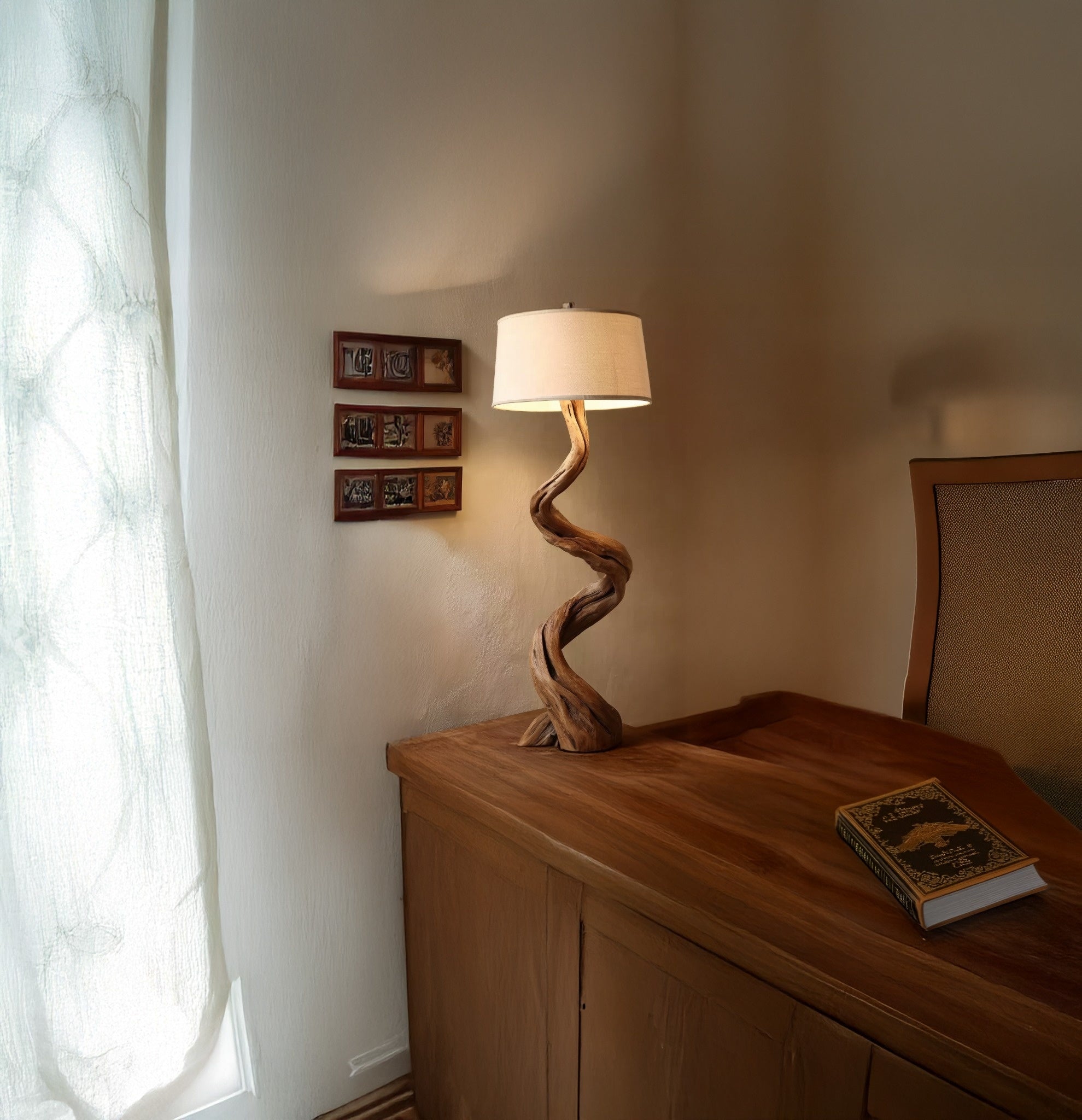 Rustic Driftwood Floor Lamp – Handmade Twisted Wood Standing Light with Linen Shade