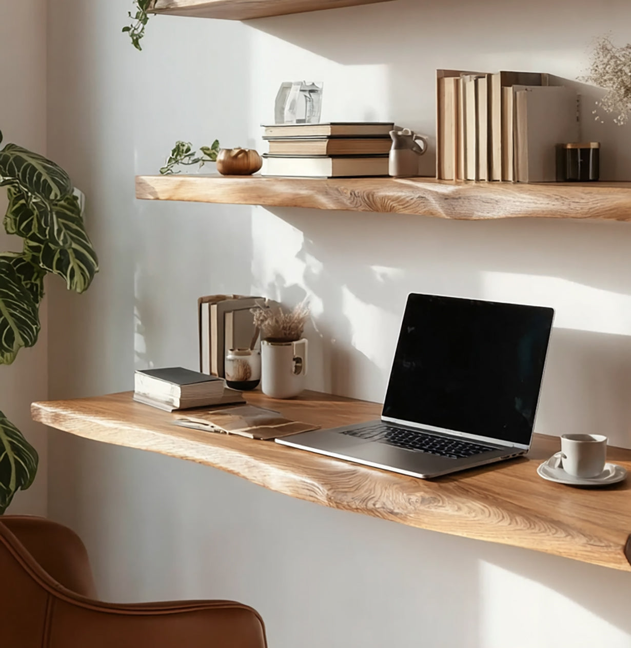 Handmade Live Edge Wood Desk – Floating Wall Shelves for Modern Office