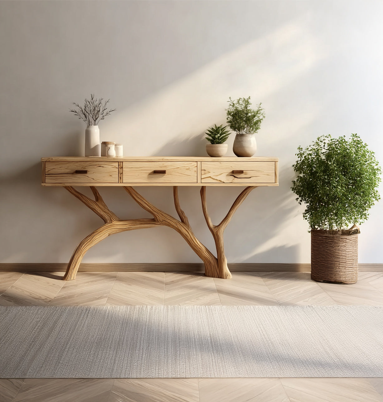 Organic Modern Console Table – Live Edge Style Wood Table with Tree Branch Base