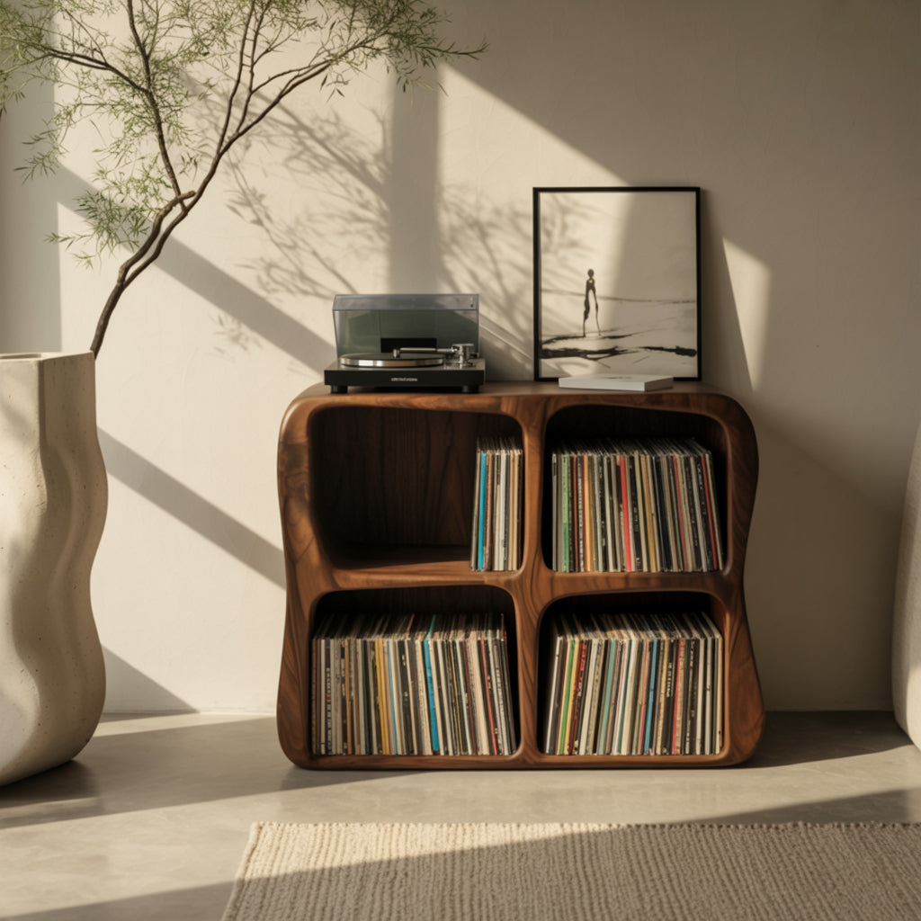 Solid Wood Vinyl Record Storage Cabinet – Modern Sculptural LP Shelf
