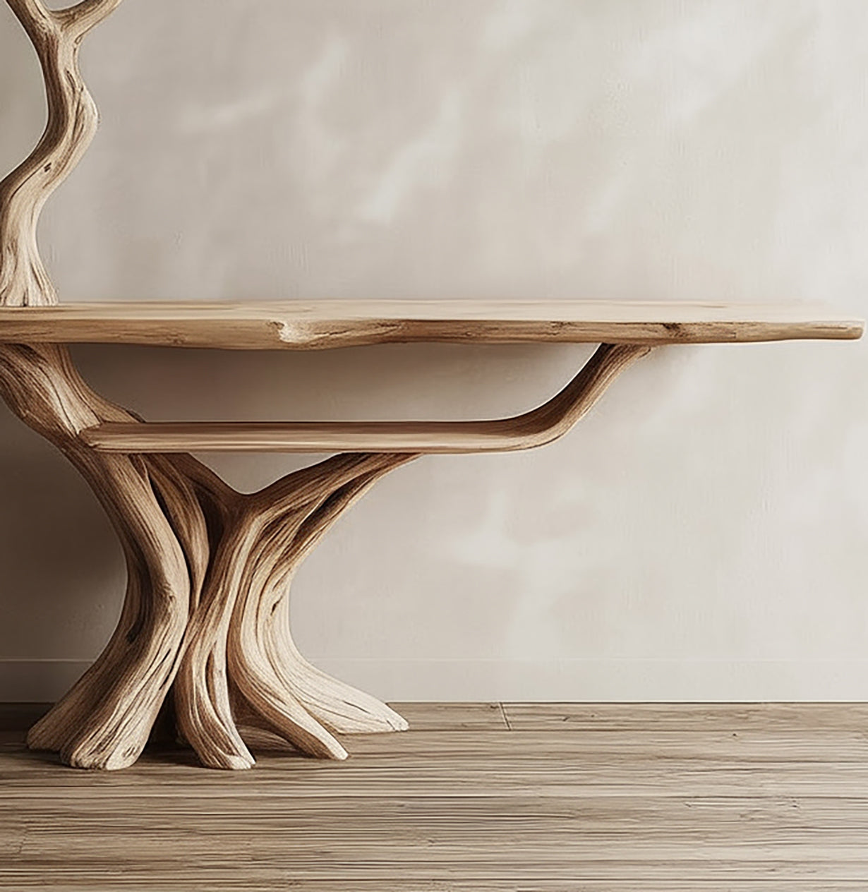 Handcrafted Tree-Inspired Wooden Console Table – Sculptural Solid Wood Entryway Table