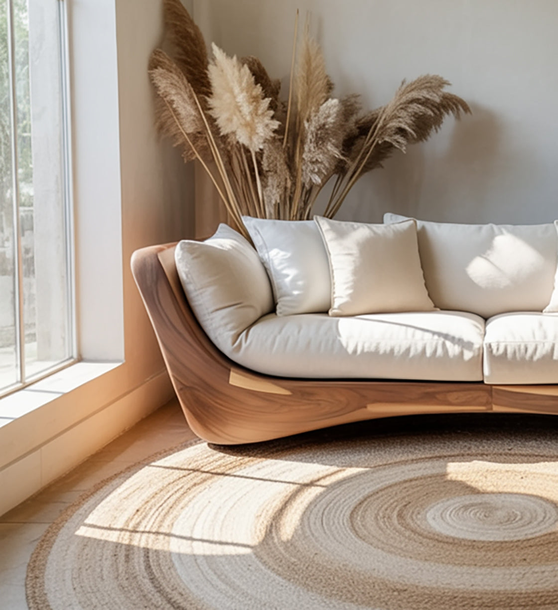 Modern Curved Wood Sofa – Handcrafted Solid Wood Frame with Cushions for Living Room
