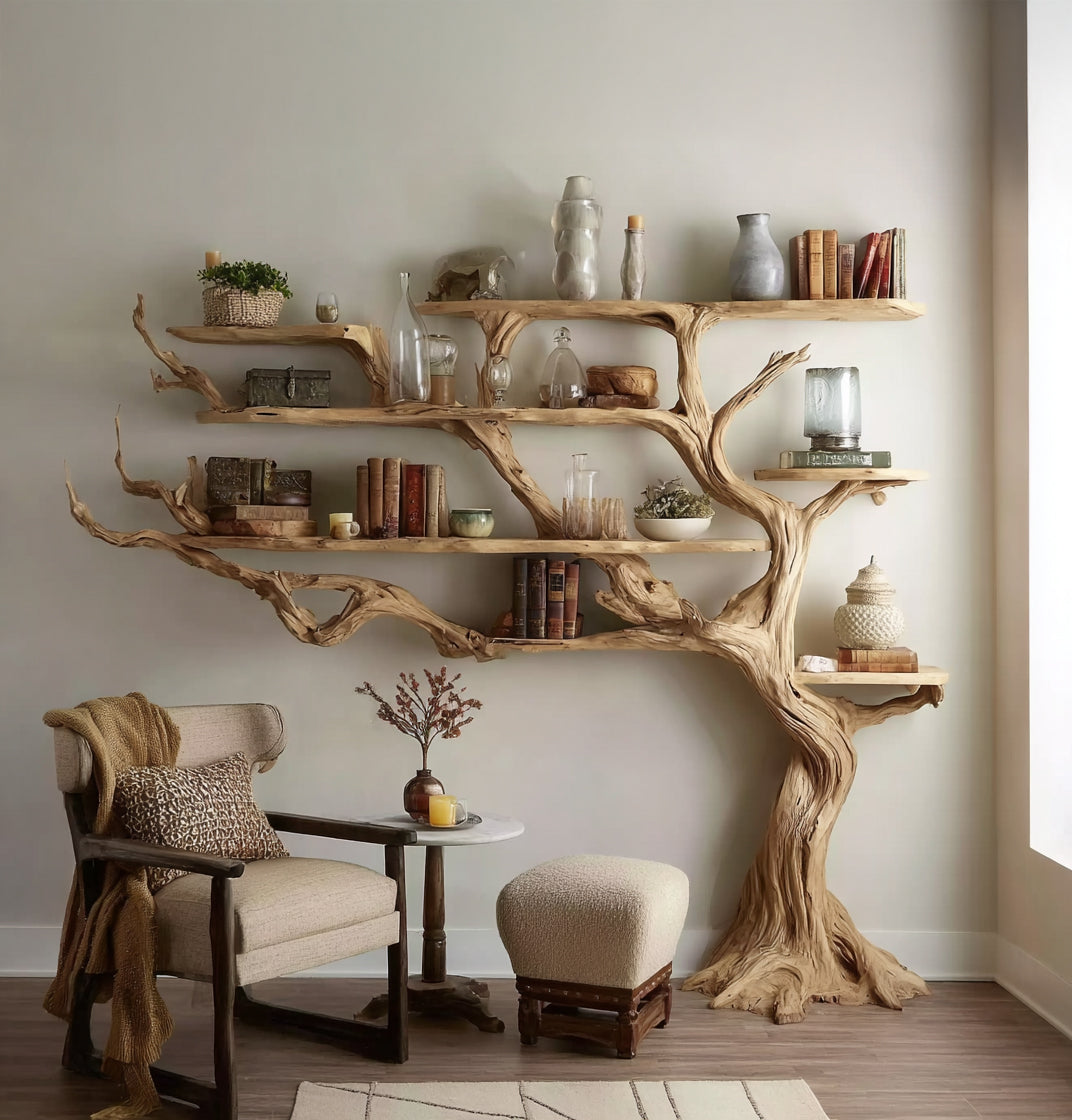 Handmade Tree Bookshelf – Large Wooden Branch Bookcase for Rustic Home Decor